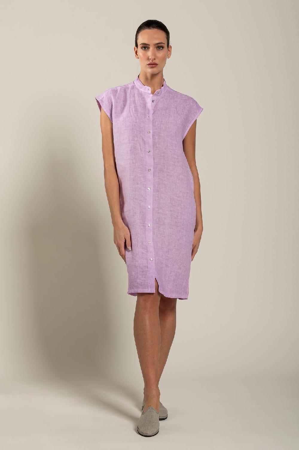 120% Lino Mandarin Collar Dress Economico
