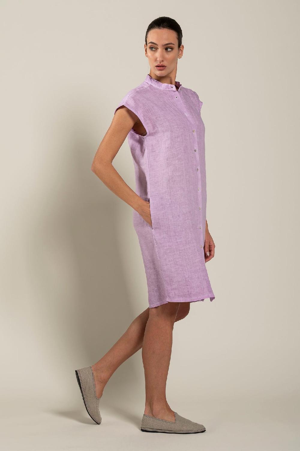 120% Lino Mandarin Collar Dress Economico