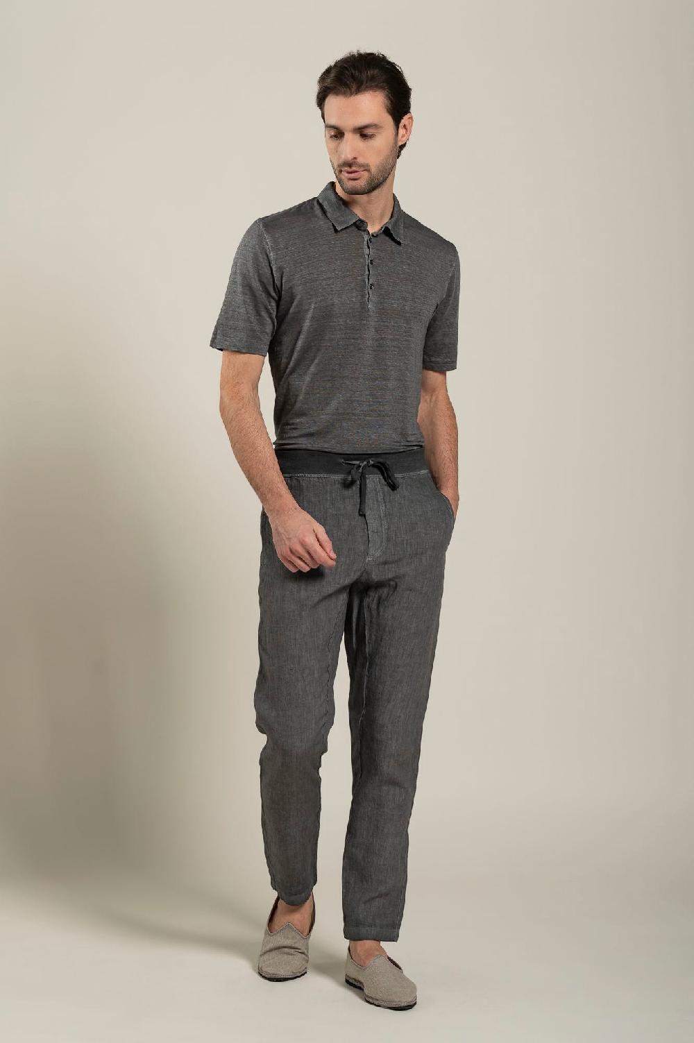 120% Lino Man Grey Drawstring Pant Vendita Economica