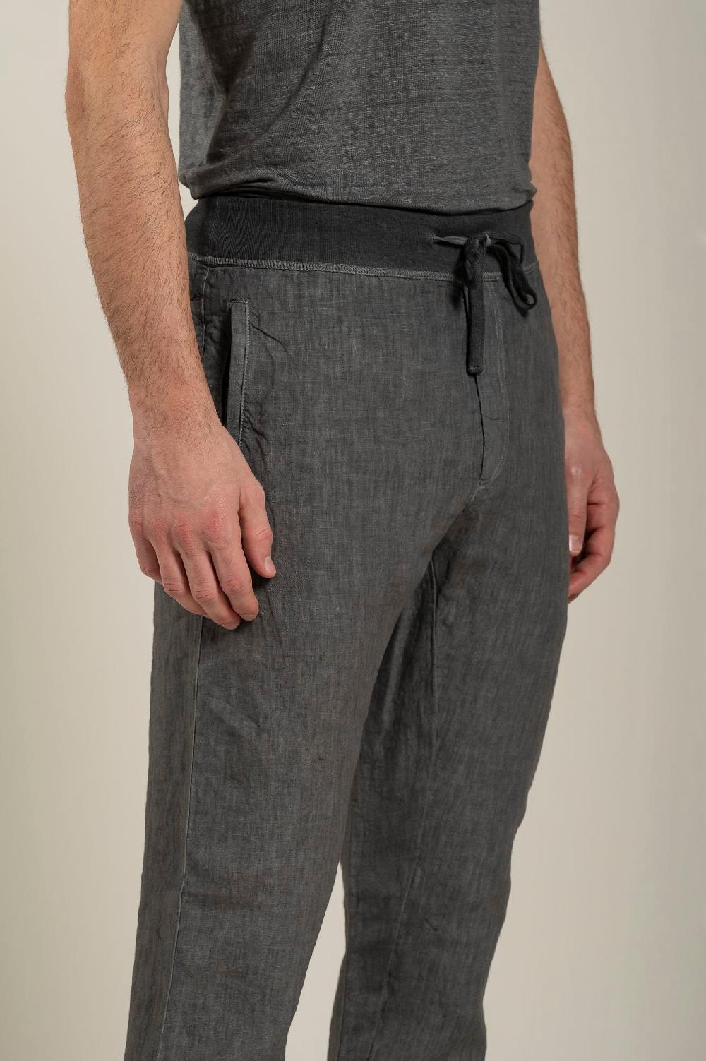 120% Lino Man Grey Drawstring Pant Vendita Economica