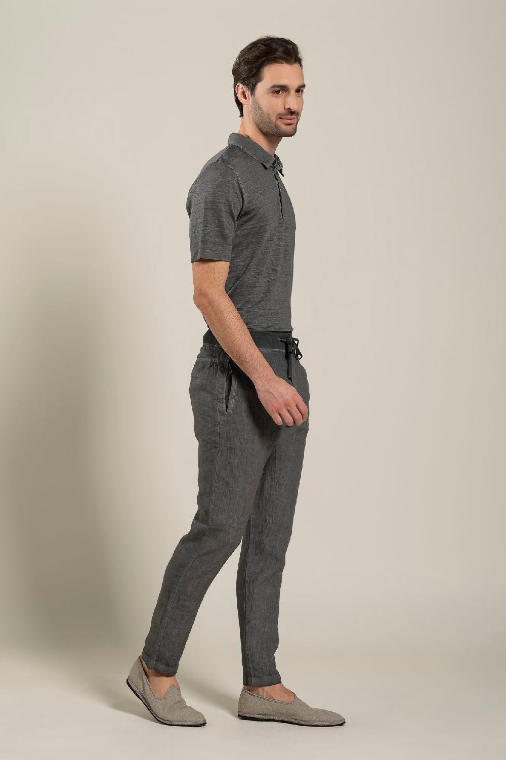 120% Lino Man Grey Drawstring Pant Vendita Economica