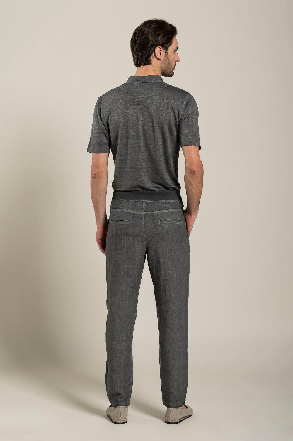 120% Lino Man Grey Drawstring Pant Vendita Economica