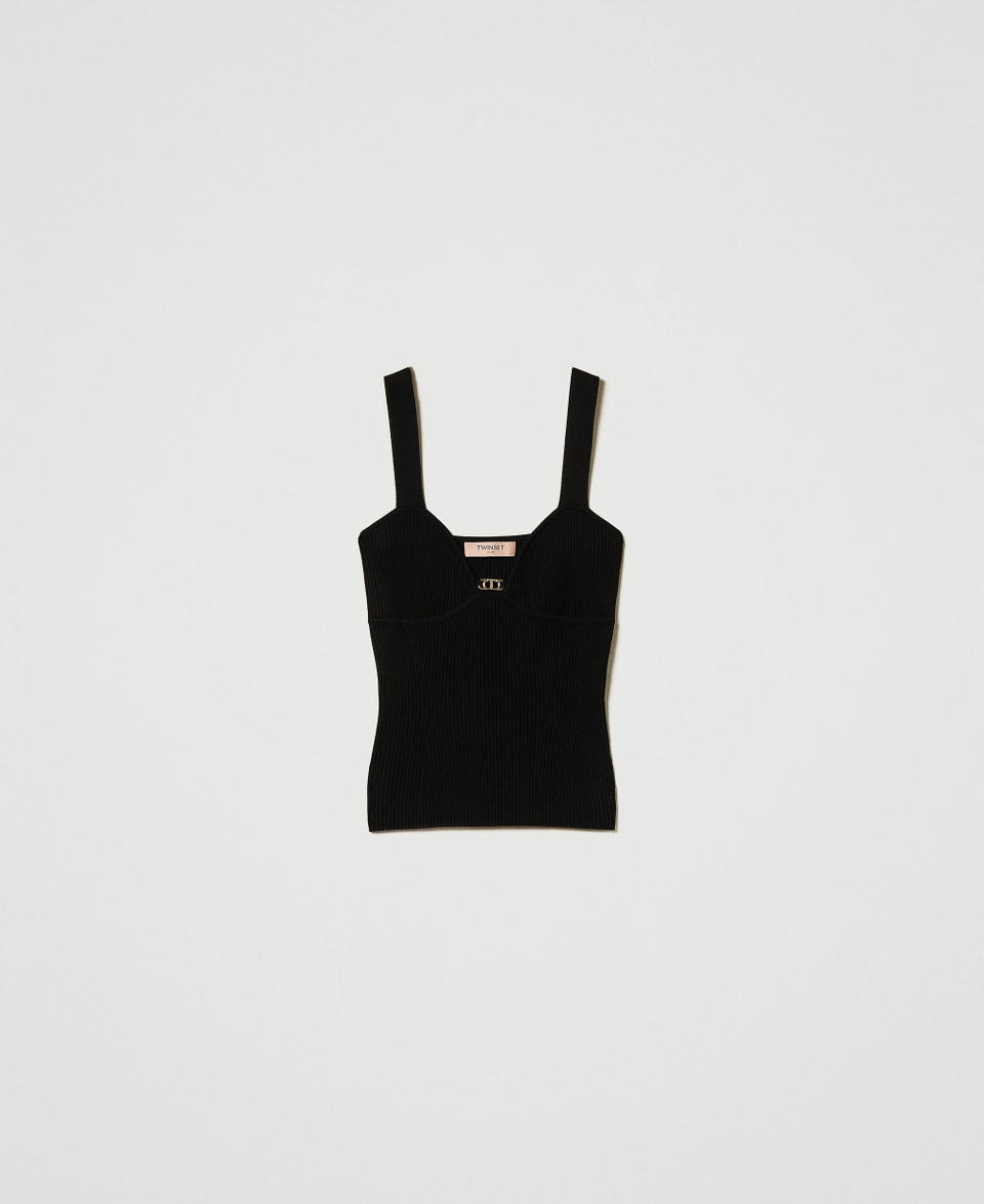 Twin Set Top fitted in maglia con logo Oval T Promozione temporanea