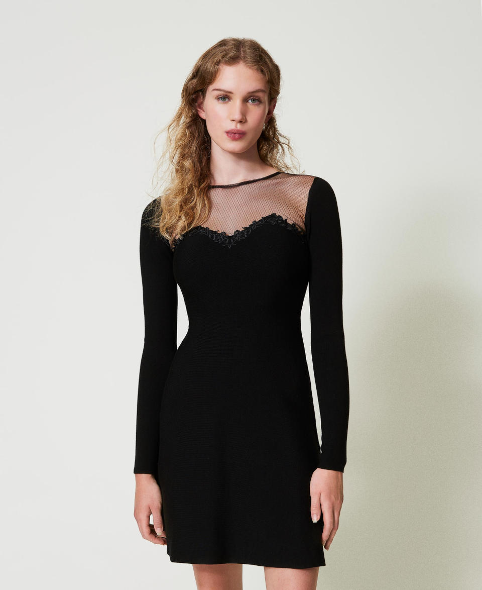Twin Set Abito corto in maglia con tulle e ricamo Promozione temporanea