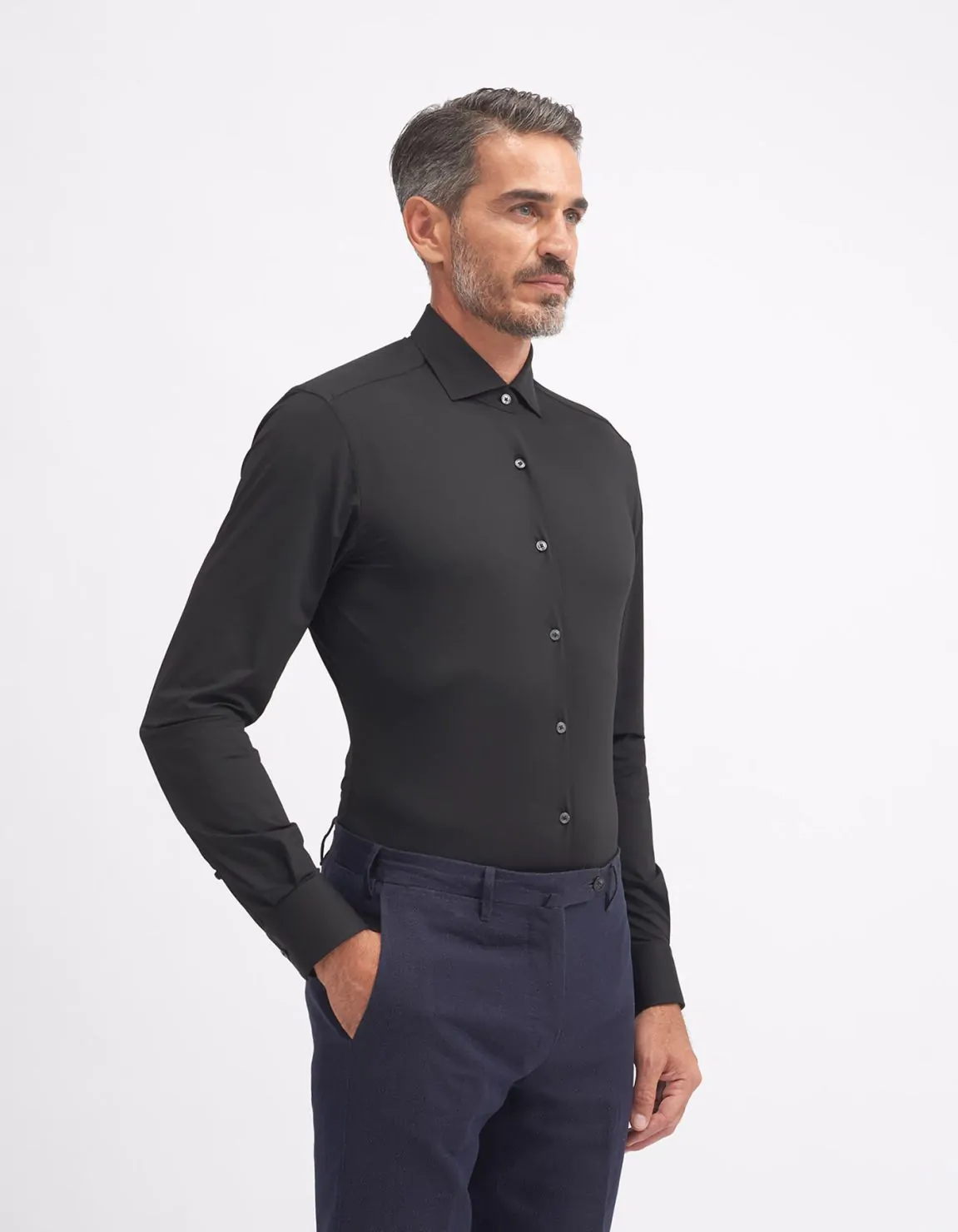 Xacus Camicia Collo francese piccolo Tinta Unita Twill Nero Sconto