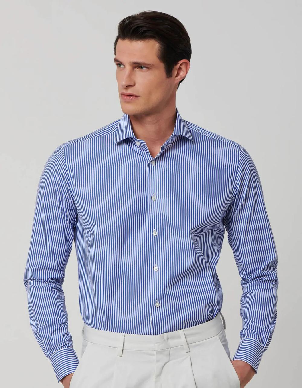 Xacus Camicia Collo francese piccolo Righe Popeline Blu Hotsell