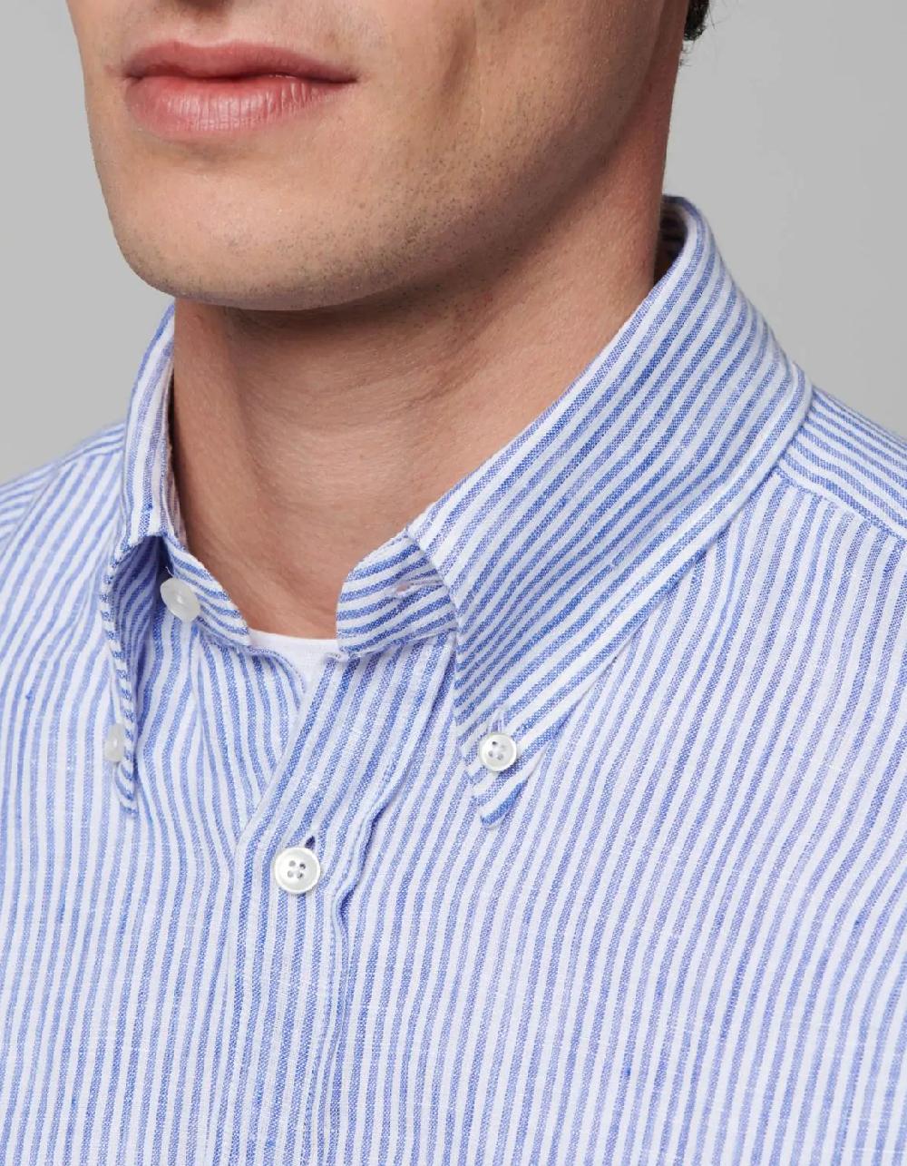 Xacus Camicia Collo button down Righe Lino Blu Novità