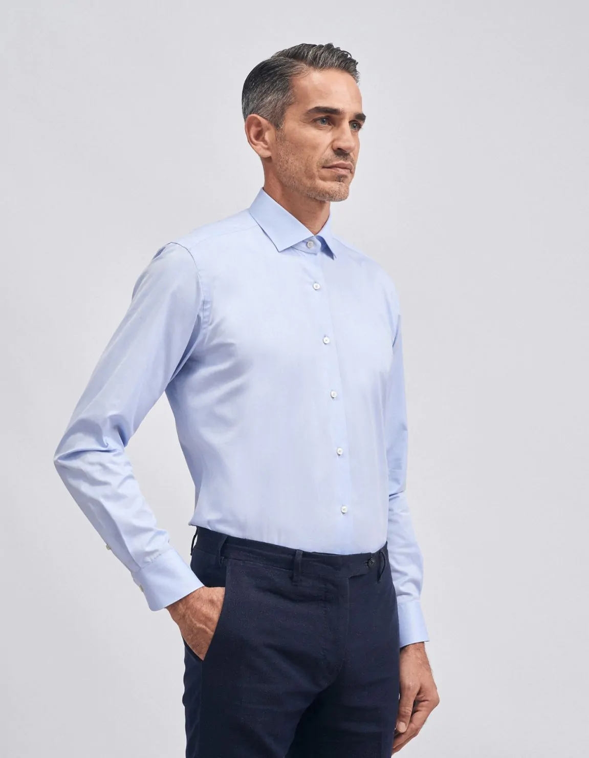 Xacus Camicia Collo francese piccolo Tinta Unita Twill Celeste scuro Economico