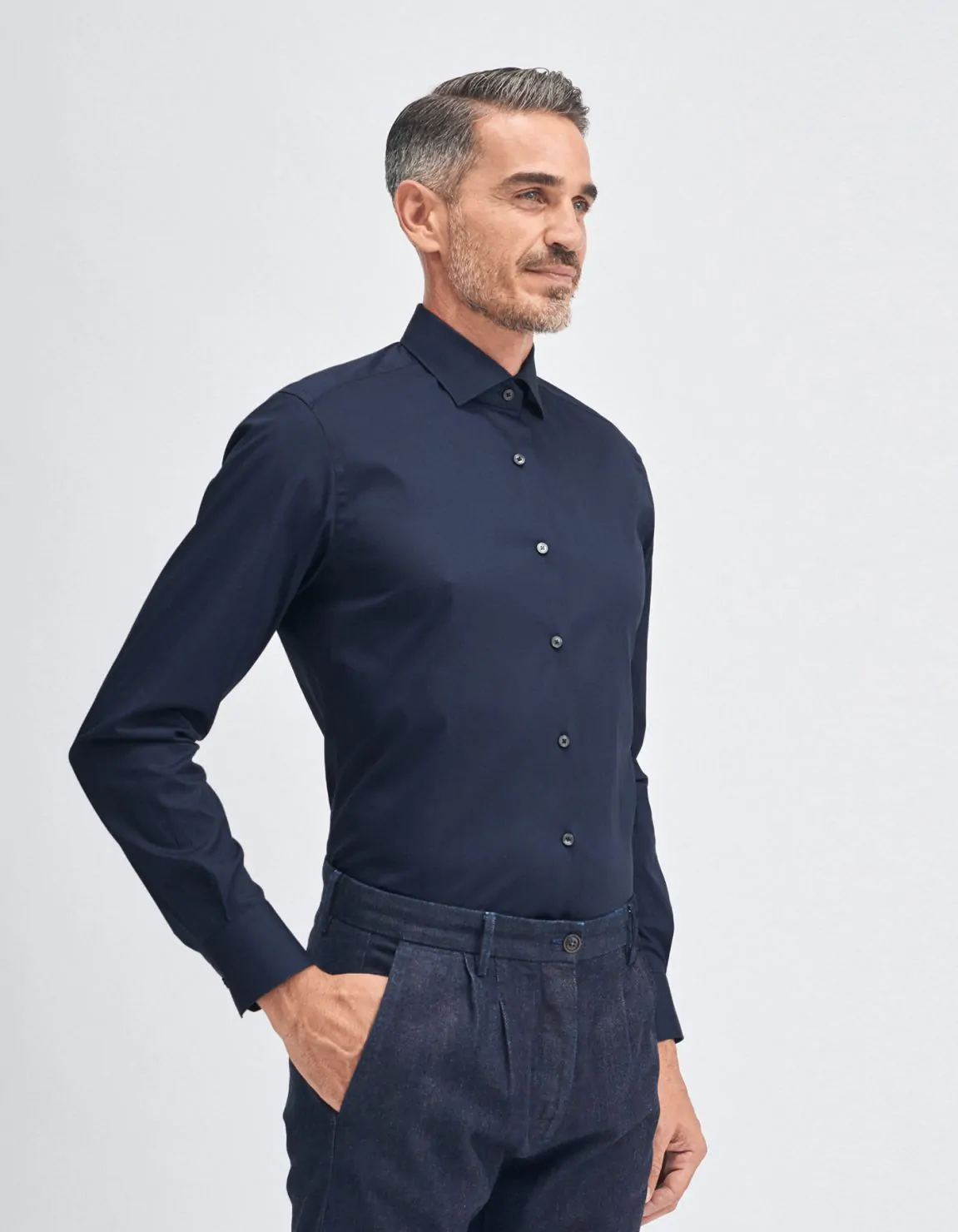Xacus Camicia Collo francese piccolo Tinta Unita Tela Blu navy Saldi