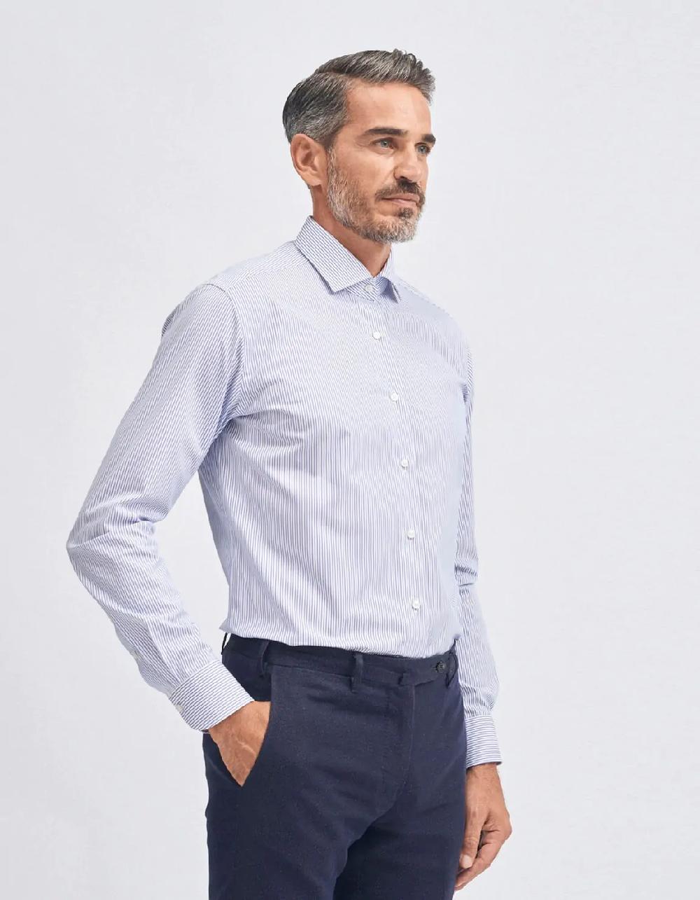 Xacus Camicia Collo francese piccolo Righe Popeline Blu Hotsell