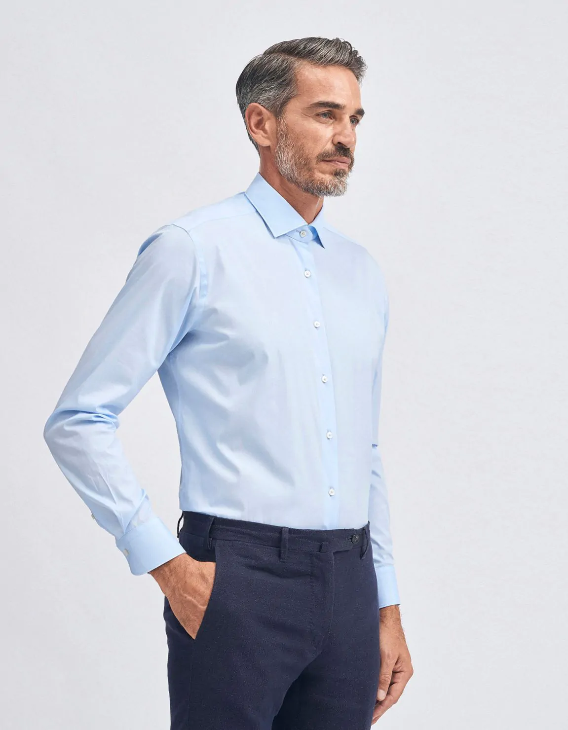 Xacus Camicia Collo francese piccolo Tinta Unita Tela Celeste Saldi Di Fabbrica