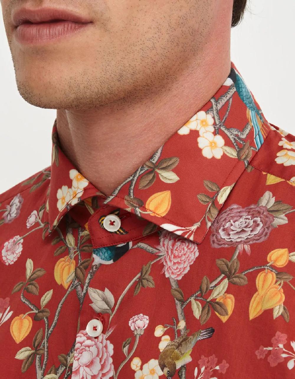 Xacus Camicia Collo francese piccolo Fantasia Popeline Rosso fragola Nuovo