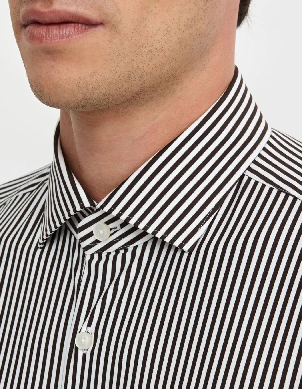 Xacus Camicia Collo francese piccolo Righe Twill Marrone Outlet