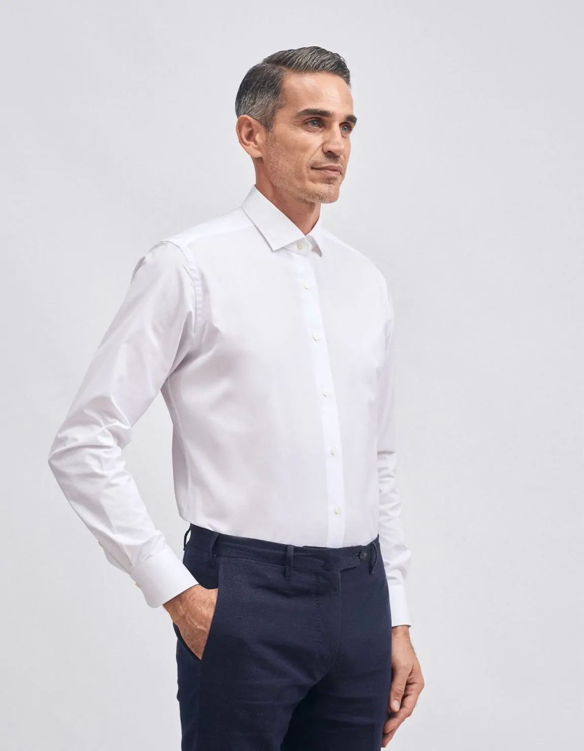 Xacus Camicia Collo francese piccolo Tinta Unita Twill Bianco