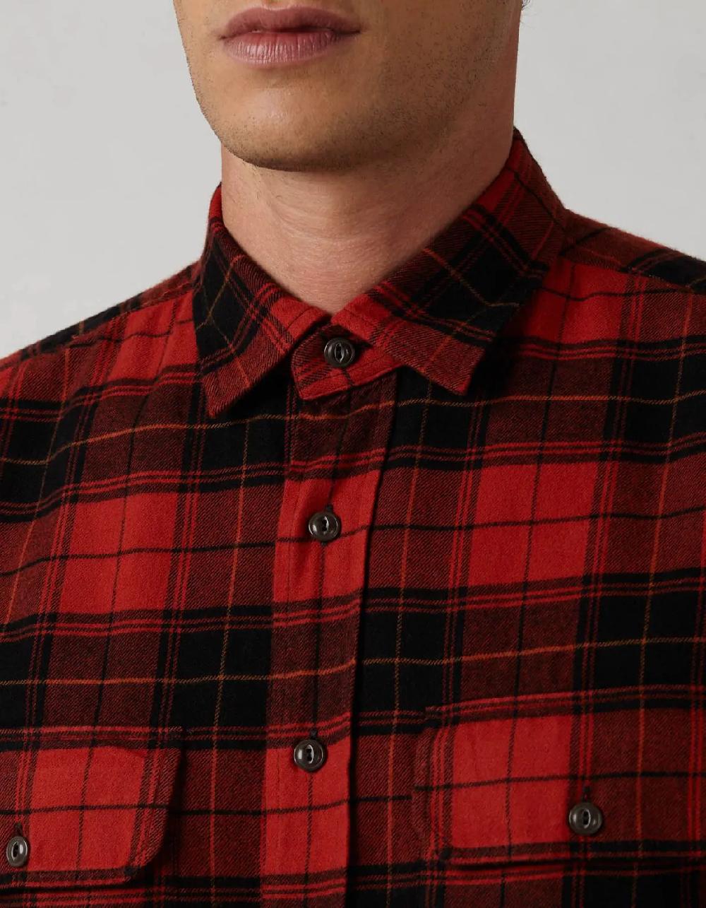 Xacus Camicia Collo italiano piccolo Quadri Twill Rosso