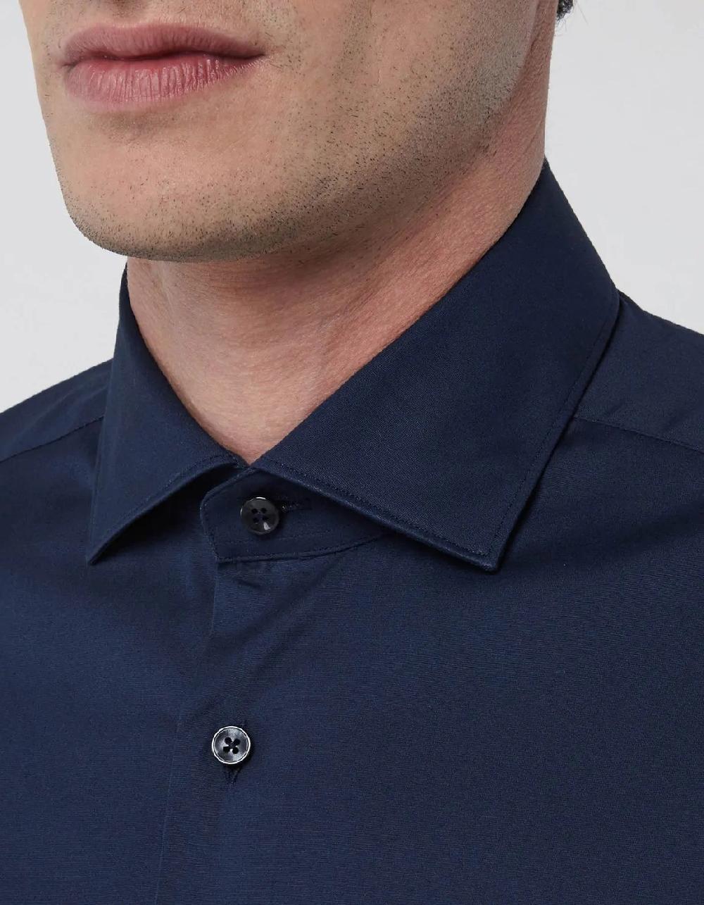 Xacus Camicia Collo francese piccolo Tinta Unita Popeline Blu navy