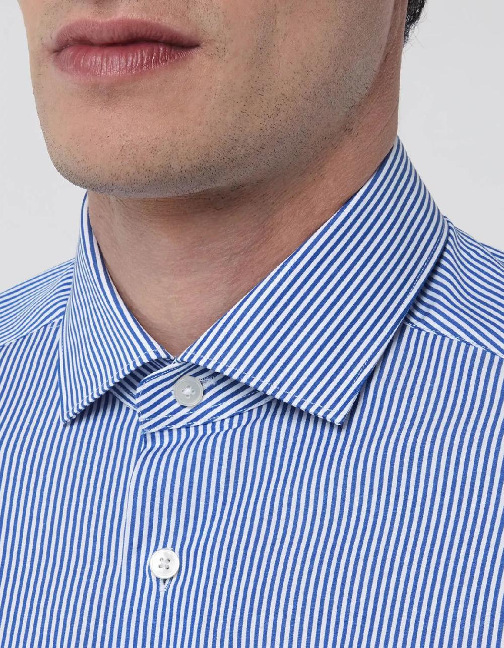 Xacus Camicia Collo francese piccolo Righe Popeline Celeste scuro