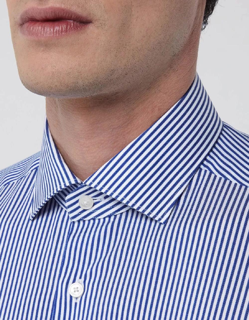 Xacus Camicia Collo francese piccolo Righe Twill Blu
