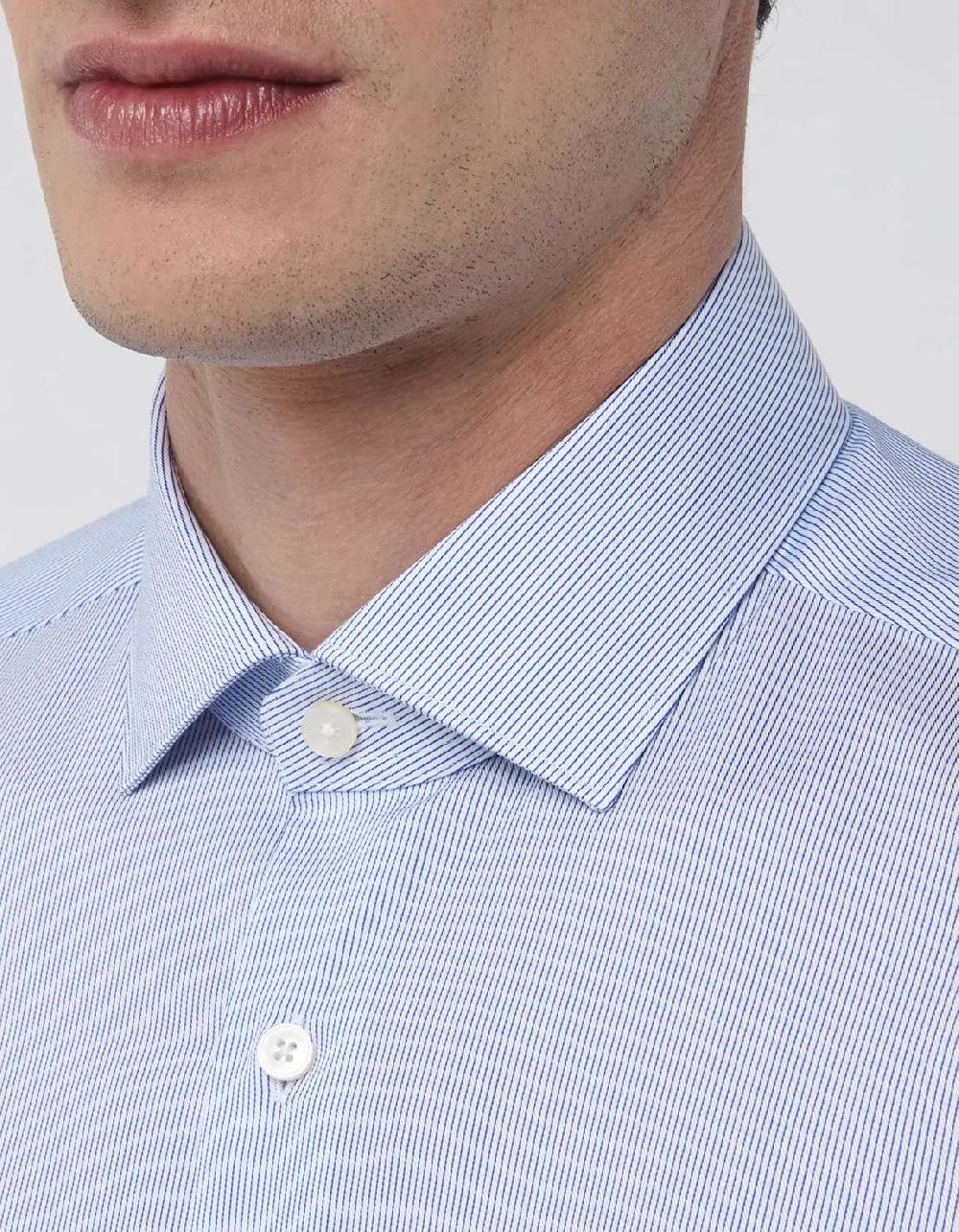 Xacus Camicia Collo francese piccolo Righe Twill Blu