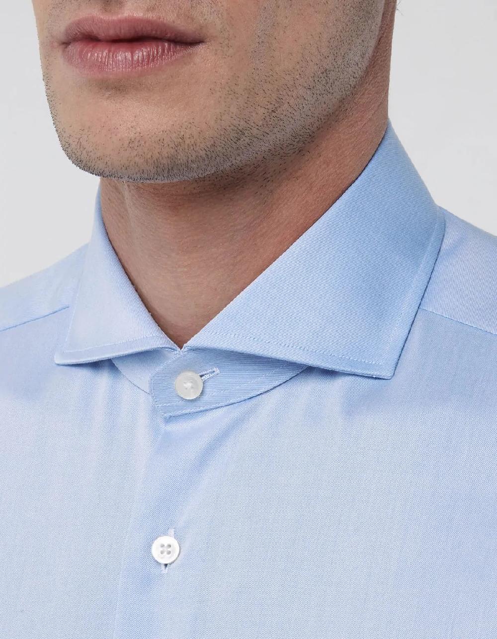 Xacus Camicia Collo francese Tinta Unita Twill Celeste scuro