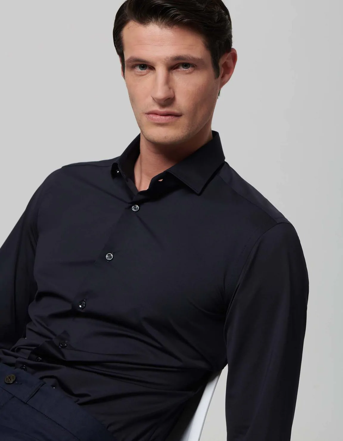 Xacus Camicia Collo francese piccolo Tinta Unita Armaturato Blu navy