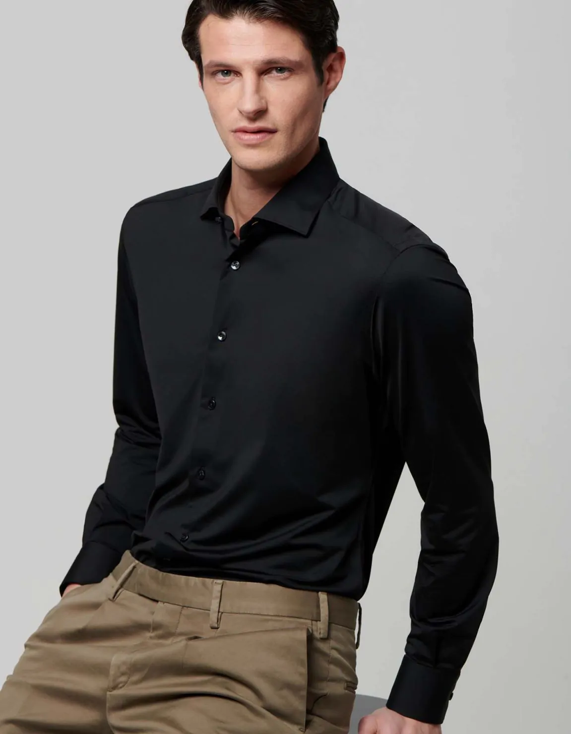 Xacus Camicia Collo francese piccolo Tinta Unita Twill Nero Super sconto