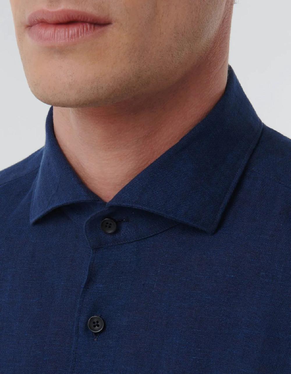 Xacus Camicia Collo francese Tinta Unita Lino Blu navy Comprare a buon mercato