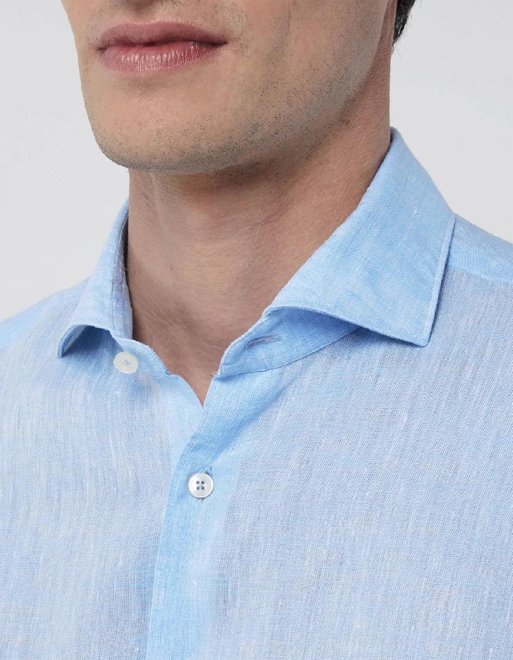Xacus Camicia Collo francese Tinta Unita Lino Celeste melange