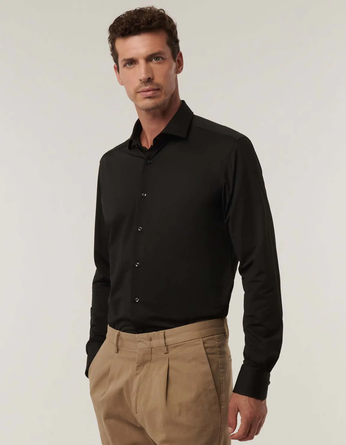 Xacus Camicia Collo francese piccolo Tinta Unita Twill Nero