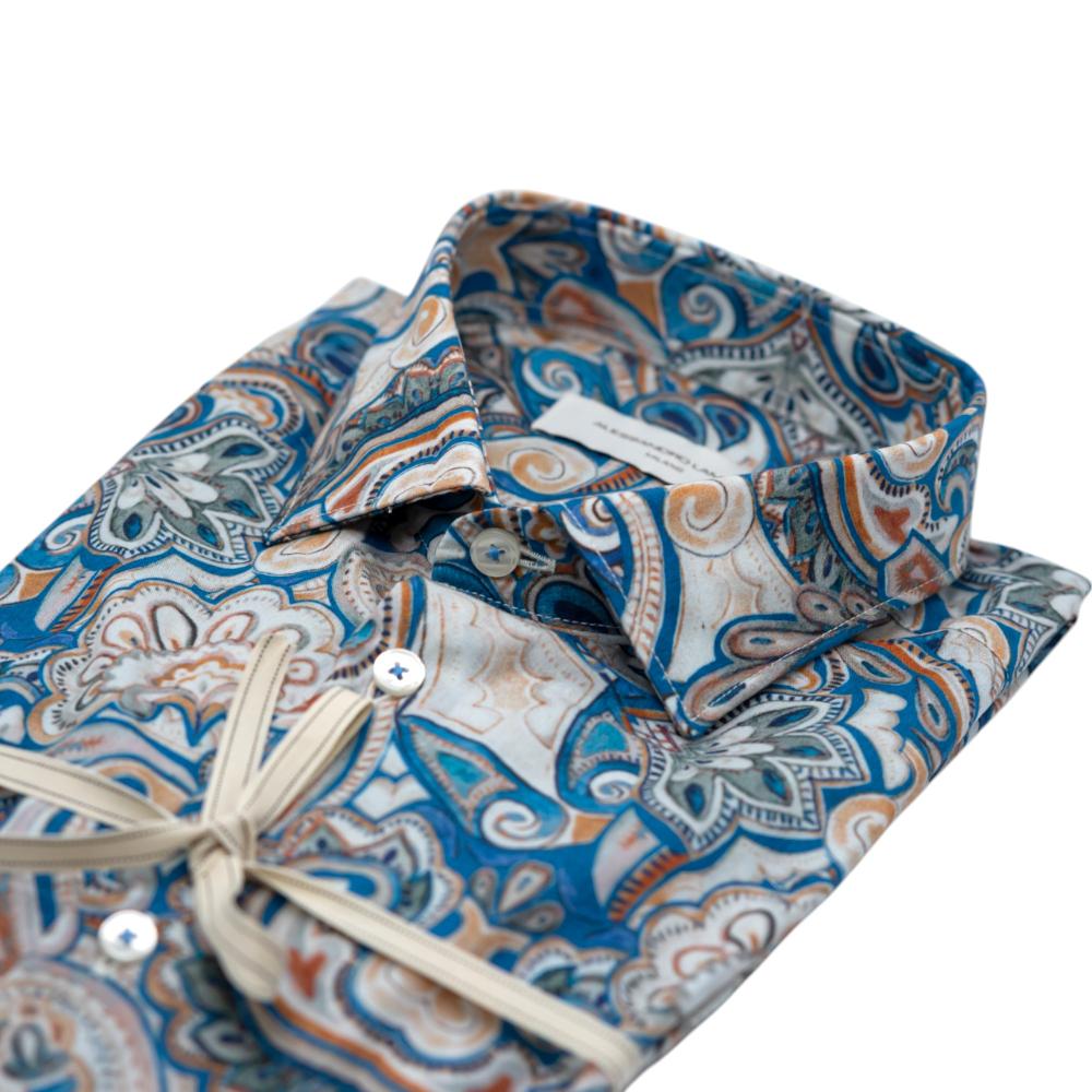 Alessandro Lamura Camicia con Motivo Paisley Multicolore in Blu e Beige Presa