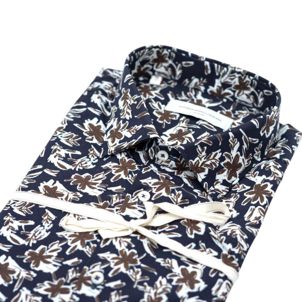 Alessandro Lamura Camicia Blu scuro con Stampa Floreale Bianca e Marrone Sconto