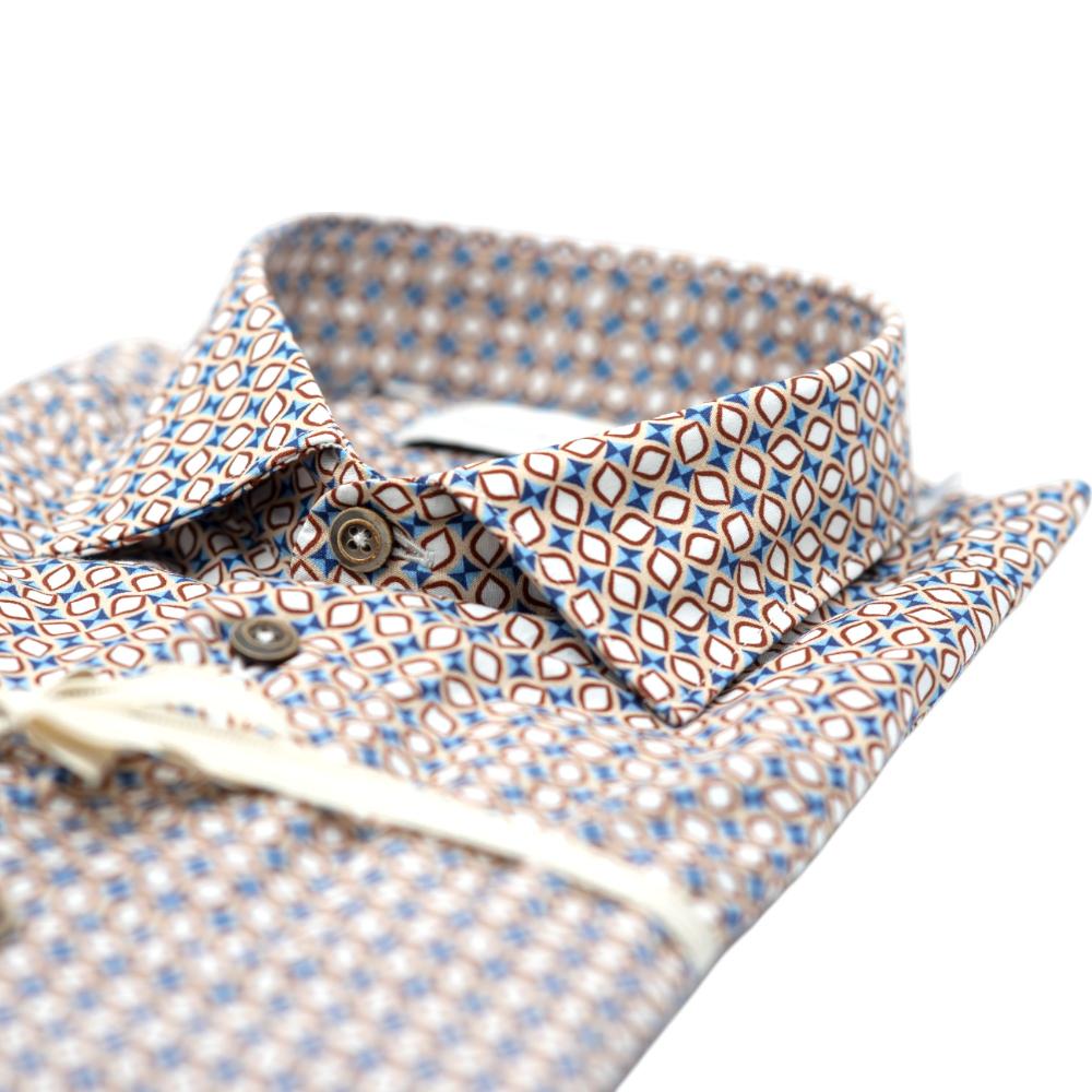 Alessandro Lamura Camicia Beige con Fantasia Geometrica Blu e Arancione Economico