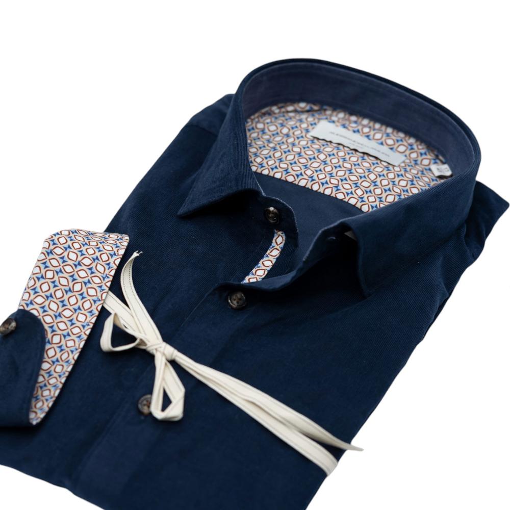 Alessandro Lamura Camicia Velluto Millerighe Blu Navy Con Dettagli Interni Geometrici Moda