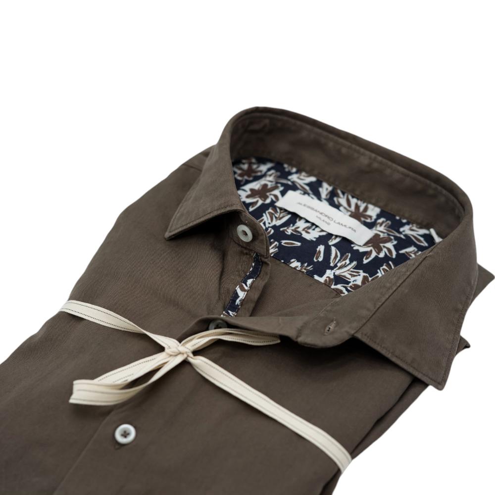 Alessandro Lamura Camicia in Gabardine Tinta in Capo Verde Oliva Con Dettagli Floreali a Contrasto Italy