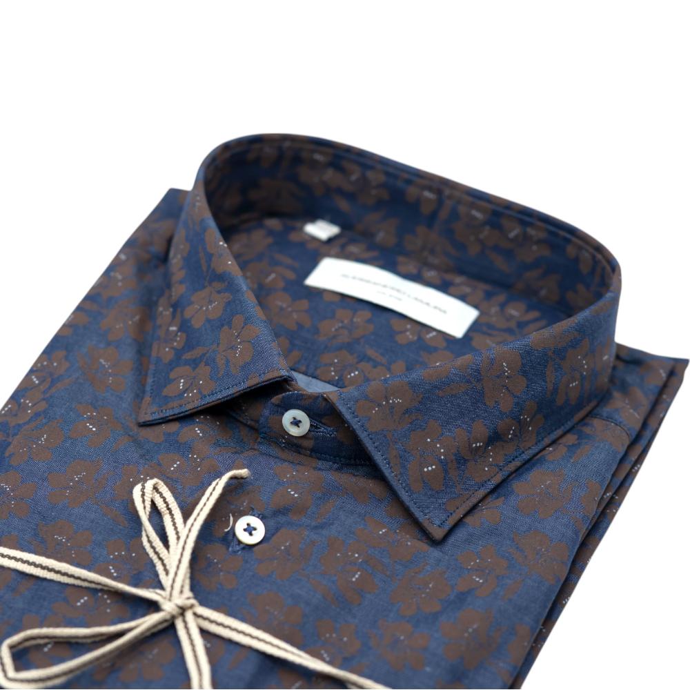 Alessandro Lamura Camicia Blu Scuro con Motivo Floreale Marrone Prezzo Ridotto