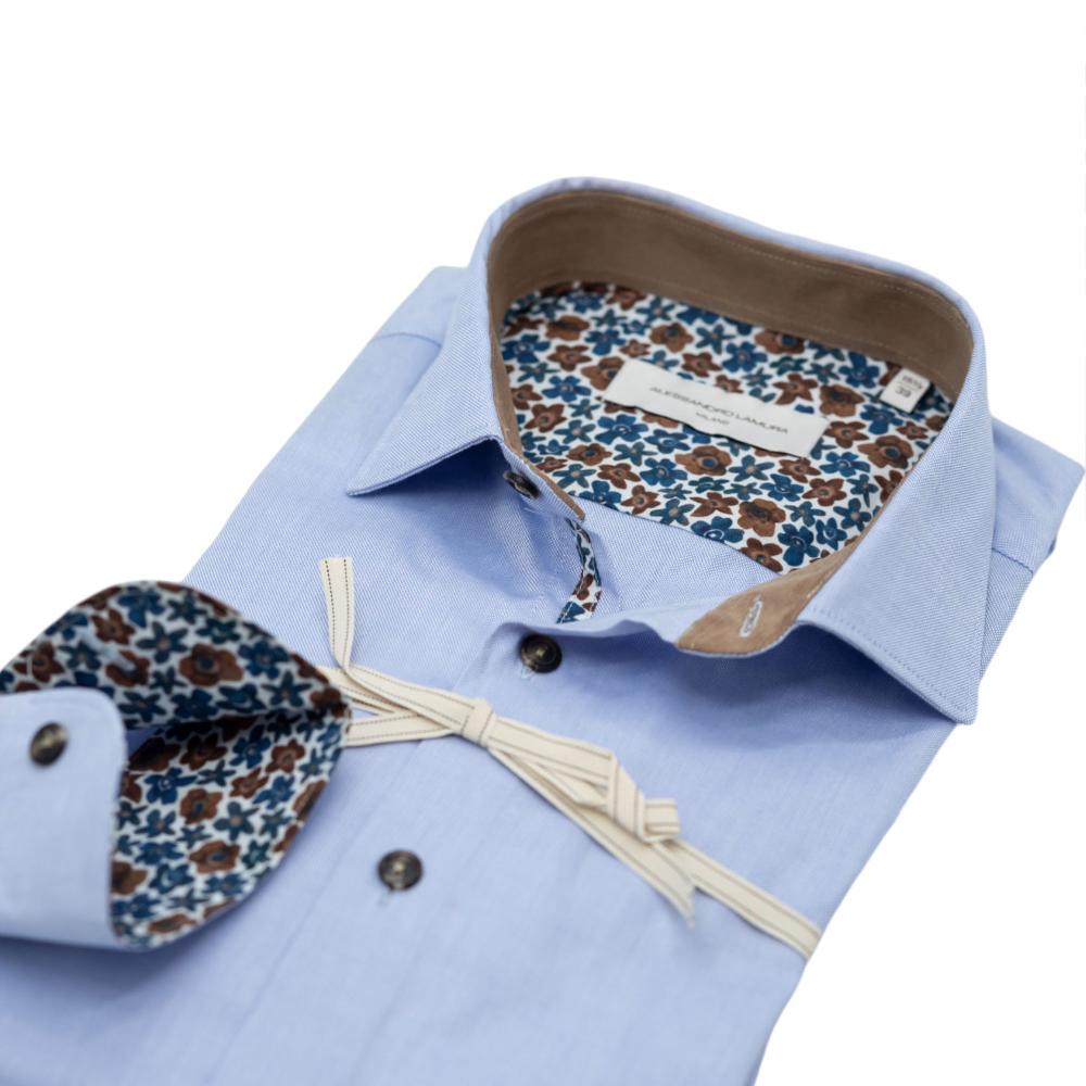 Alessandro Lamura Camicia Azzurra con Dettagli Floreali a Contrasto Sottocosto
