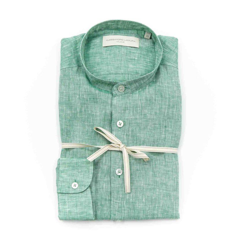 Alessandro Lamura Camicia Lino Verde Collo Coreano Uomo Convenienza