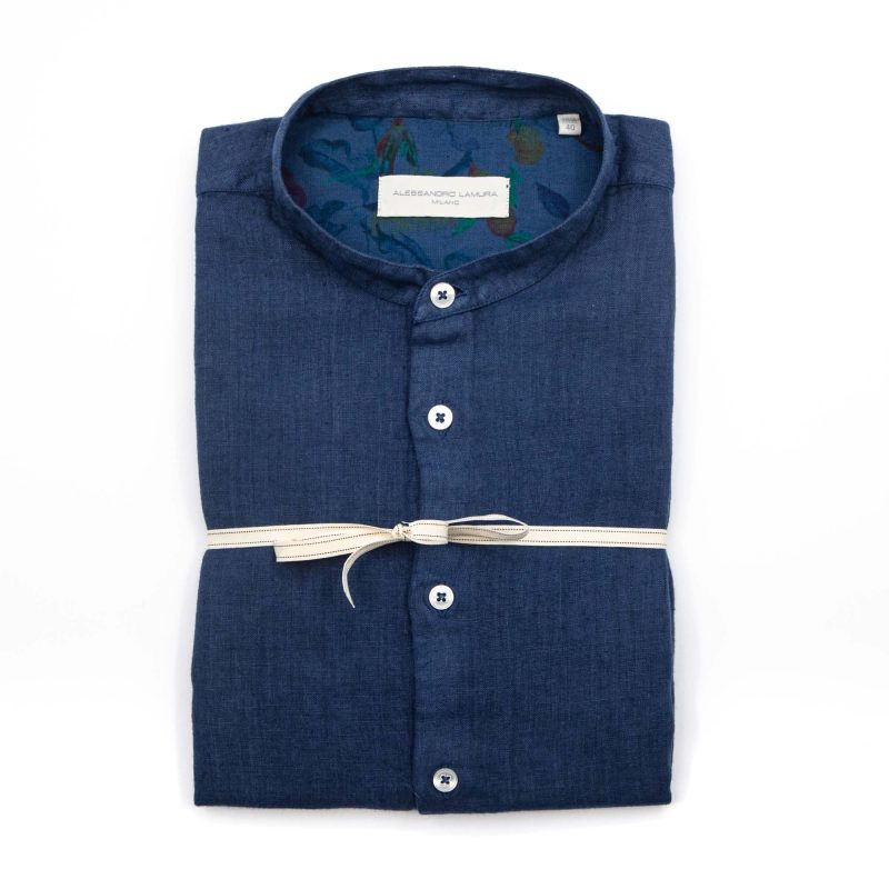 Alessandro Lamura Camicia Lino Coreana blu Con Contrasto I Più Venduti