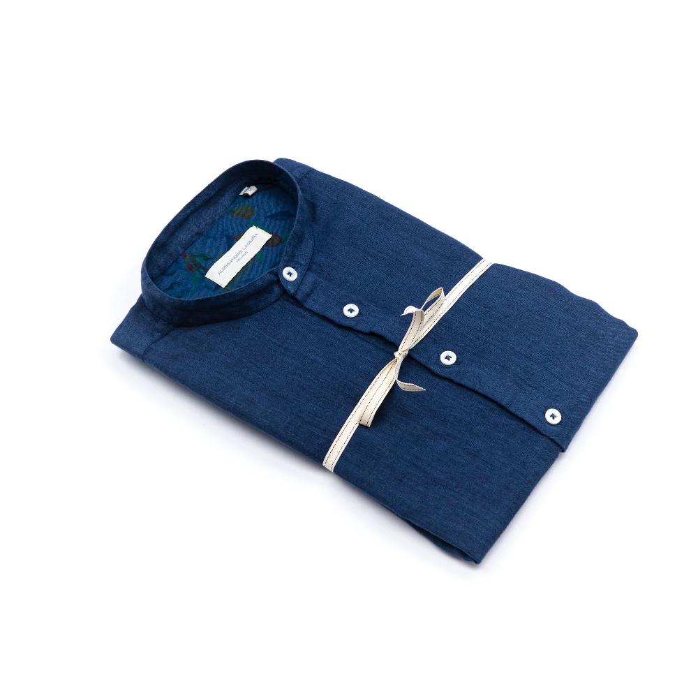 Alessandro Lamura Camicia Lino Coreana blu Con Contrasto I Più Venduti