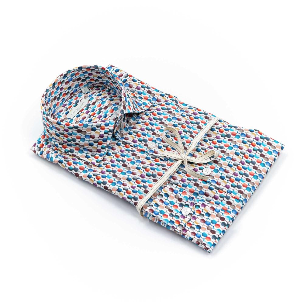 Alessandro Lamura Camicia Motivo Bicchieri Multicolor Collo Italiano Nuova