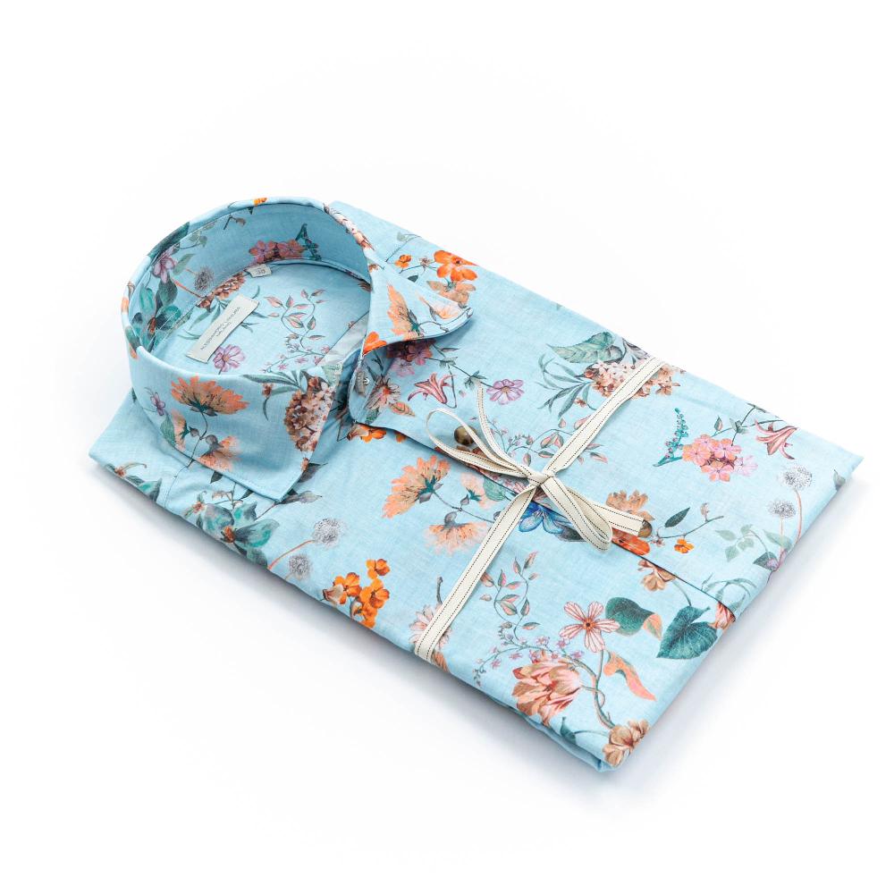 Alessandro Lamura Camicia Celeste Floreale Collo Italiano Italy