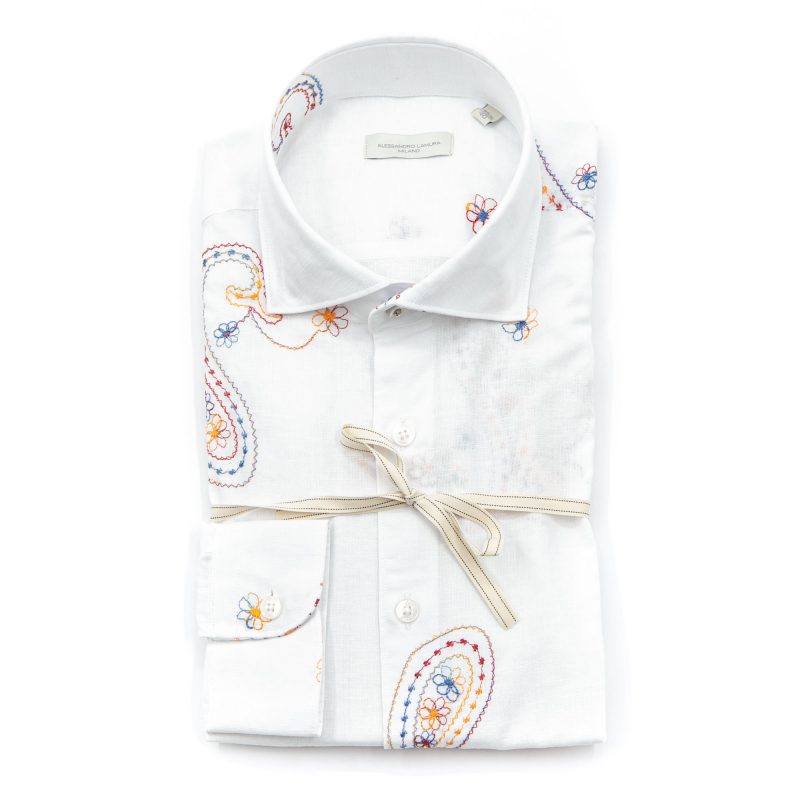 Alessandro Lamura Camicia Ricamo Fiori in Lino Collo Francese Consegna Veloce