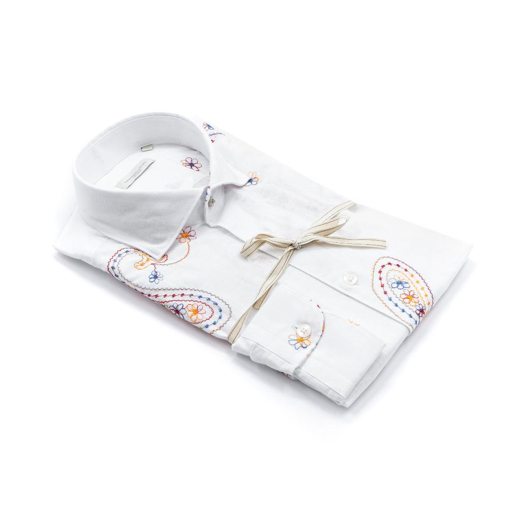 Alessandro Lamura Camicia Ricamo Fiori in Lino Collo Francese Consegna Veloce