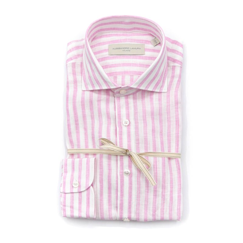 Alessandro Lamura Camicia Lino Righe Rosa Collo Francese Promozione Limitata