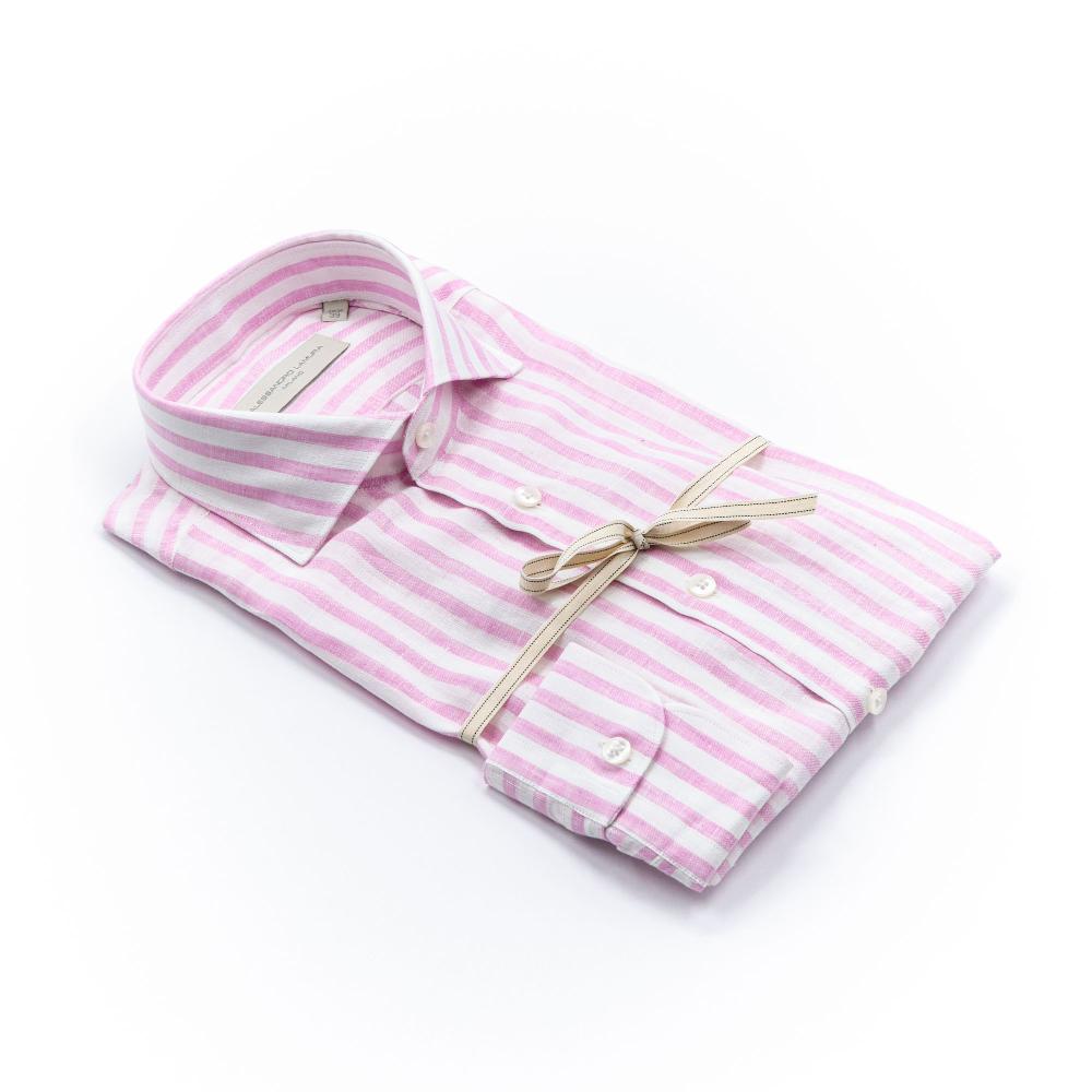 Alessandro Lamura Camicia Lino Righe Rosa Collo Francese Promozione Limitata